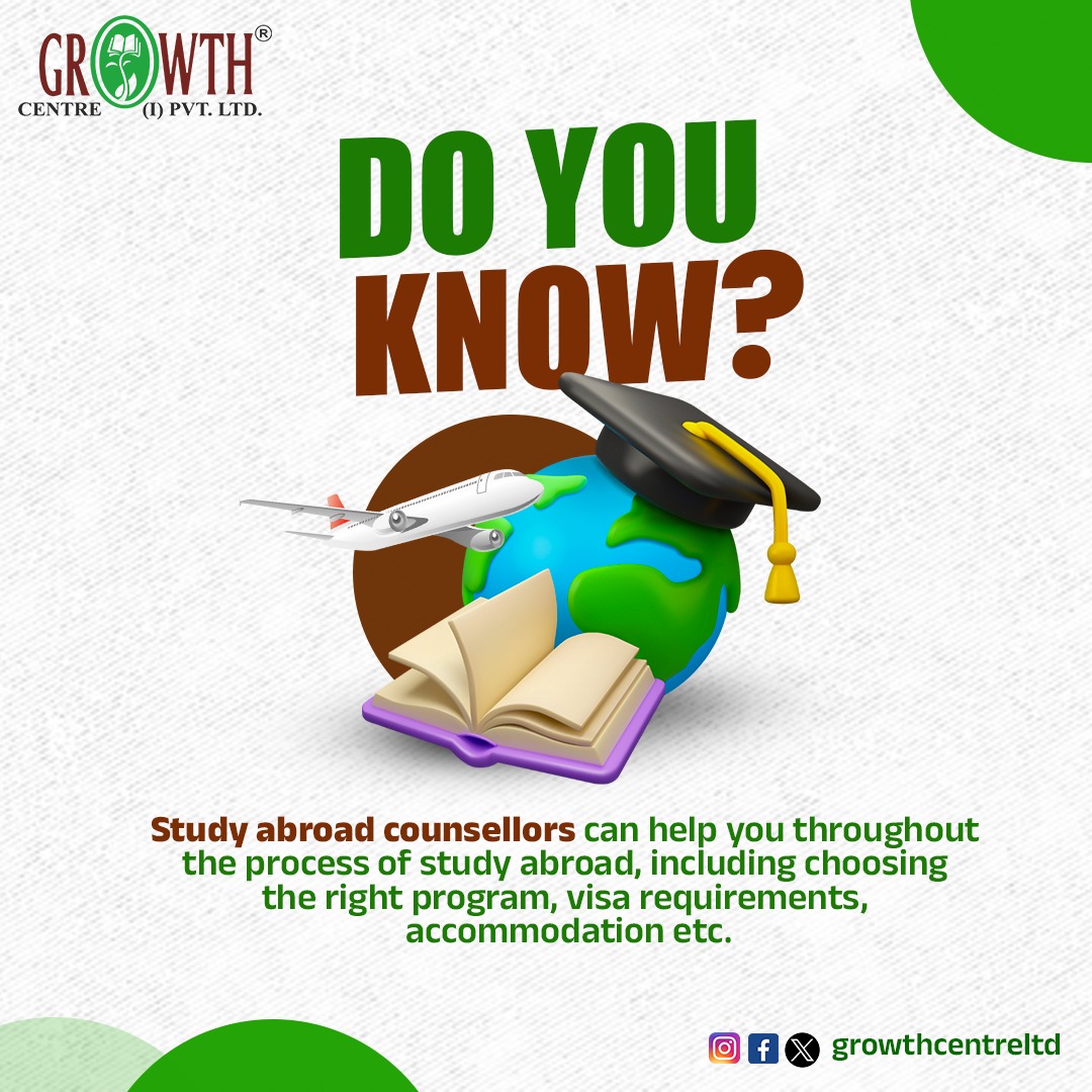 Planning to study abroad? ✈️  Let Growth Centre guide you! From choosing the right program to visa requirements and finding accommodation, we make your journey seamless. 🚀💯

#StudyAbroad #CareerCounseling #VisaGuidance #GlobalEducation #GrowthCentre #CareerCounseling