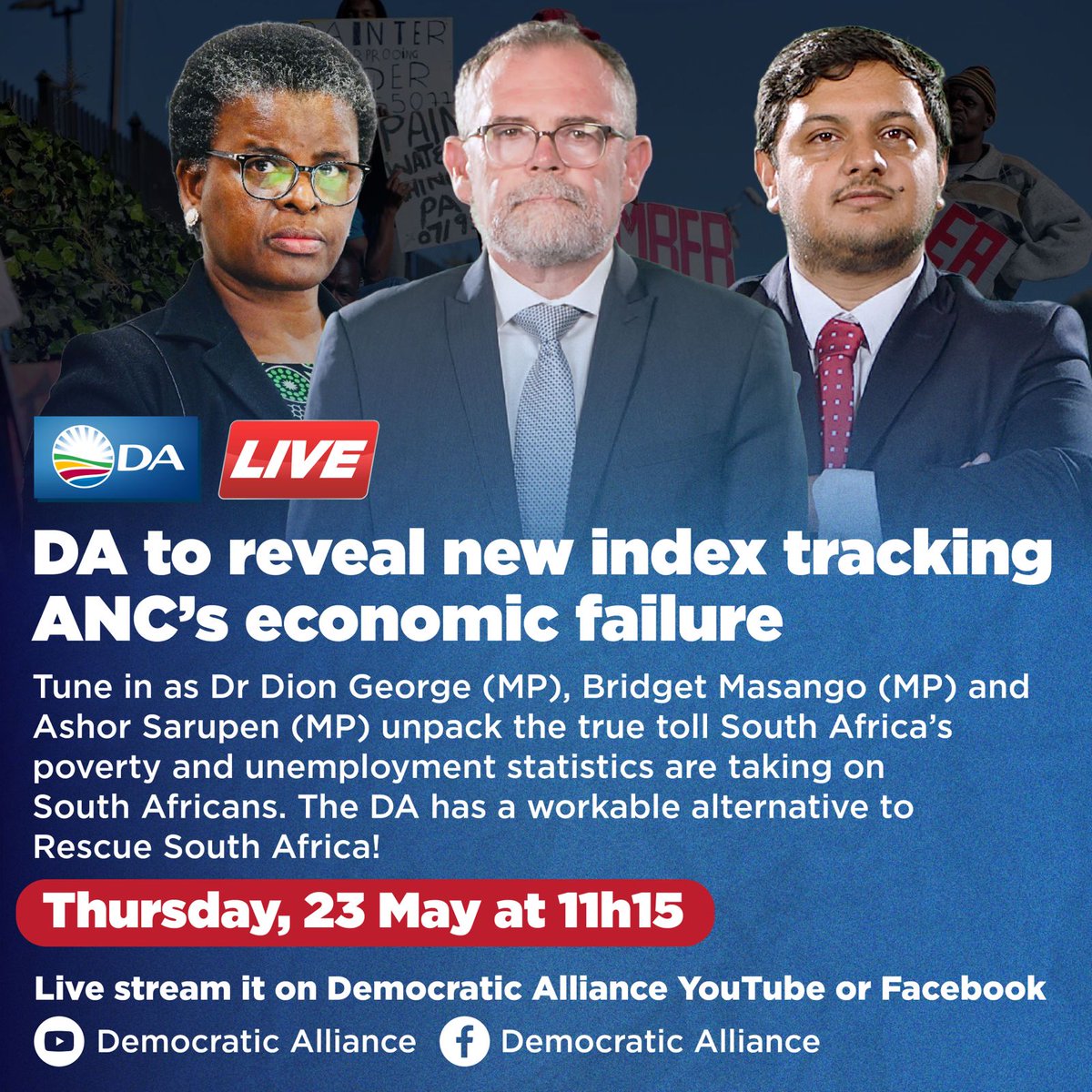 🇿🇦 Tune in today at 11h15 as Dr Dion George (MP), Bridget Masango (MP) and Ashor Sarupen (MP) unpack the Misery Index which shows the negative impact the ANC is having on livelihoods of South Africans. The DA has a plan to create jobs and turn the economy around! #VoteDA 29 May