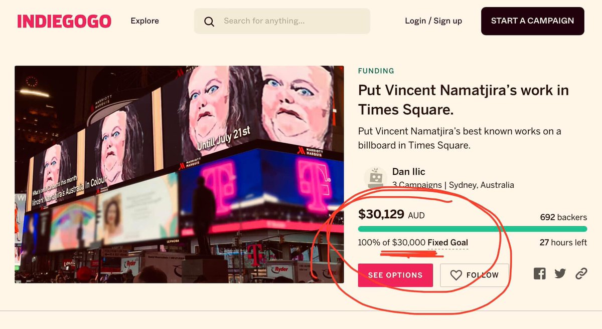 TomRed43's tweet photo. Gina thought it’d would blow over. Gina was wrong. Donation target hit in a canter. Well played @danilic and hats off to everyone donated. Time Square NYC, say g’day to Vincent Namatjira and his amazing portraits. Too funny. #ginarinehart #vincentnamatjira #auspol https://t.co/CnhxiCNbsC