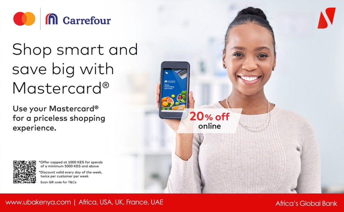 Transform your online shopping with UBA Mastercard! Enjoy an exclusive 20% discount (up to 1000 KES) on purchases over 5000 KES. Unlock rewards with every click, valid every day of the week. Elevate your digital cart, maximizing your experience with significant savings. Don't