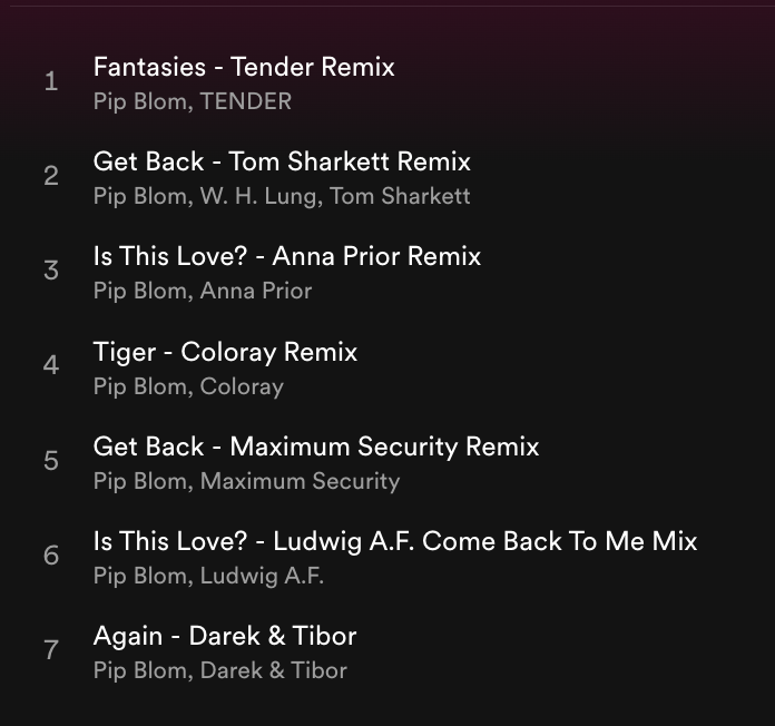 Pip (@pipblom) on Twitter photo Here, they are: 7 remixes of our Bobbie tracks. By <a href="/annaprior/">Anna Prior</a>, <a href="/heycoloray/">Coloray</a>, <a href="/LudwigAF1/">Ludwig A.F.</a>, Tom Sharkett (@whlungmusic), Maximum Security and our Tender + Darek and Tibor. Enjoy! open.spotify.com/album/69UR7DVy… Here, they are: 7 remixes of our Bobbie tracks. By <a href="/annaprior/">Anna Prior</a>, <a href="/heycoloray/">Coloray</a>, <a href="/LudwigAF1/">Ludwig A.F.</a>, Tom Sharkett (@whlungmusic), Maximum Security and our Tender + Darek and Tibor. Enjoy! open.spotify.com/album/69UR7DVy…
