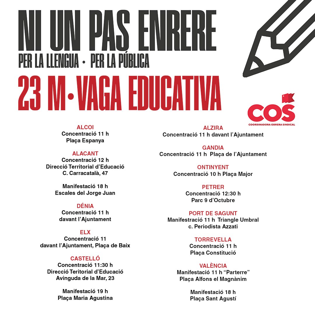 Avui tots els #PaïsosCatalans amb les companyes del #PaísValencià! 

Per la llengua i per la pública,
NI UN PAS ENRERE! ✊️🚩

I recordeu, la vaga és un dret, que s'ha de defensar amb ungles i dents: sindicatcos.cat/vaga-general/