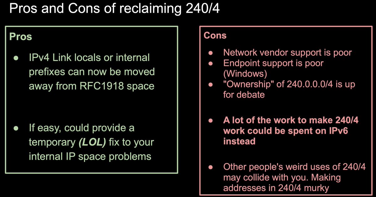 Some interesting points &amp; experiments in the <a href="/ripemeeting/">RIPE 92 - Edinburgh, Scotland</a> #ripe88 talk on “Reclaiming” 240.0.0.0/4
ripe88.ripe.net/wp-content/upl… [PDF]