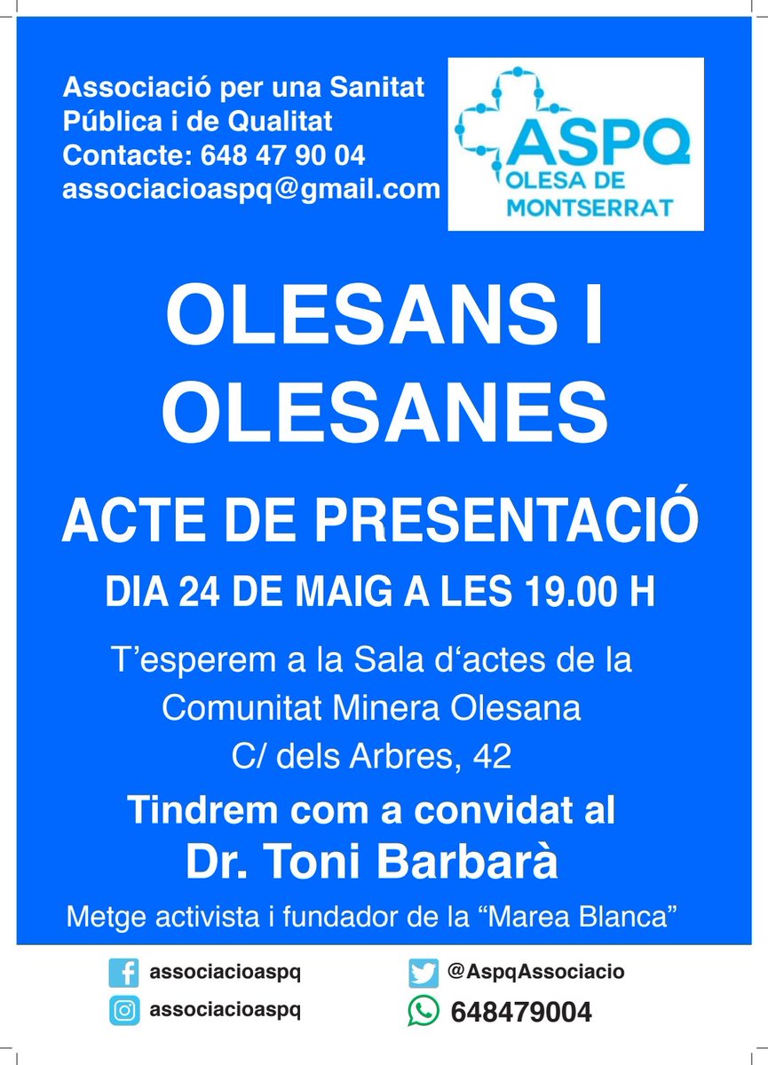 MareaBlancaCAT's tweet image. Divendres tarda a #Olesa es presenta Associacio per una sanitat publica de qualitat amb @ToniBarbara @FAVBBadalona @dempeus @mareablancaESP @EUHealthNetwork com a convidat