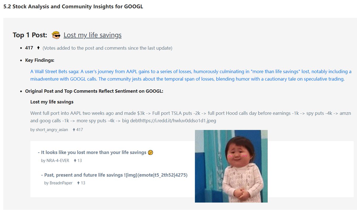 DIF_AI_official's tweet photo. 😂 'Lost my life savings' - WSB user shares a wild ride from AAPL gains to GOOGL losses, humorously noting they've lost past, present, and future life savings. Classic WSB wit! https://t.co/xLJe543xaA