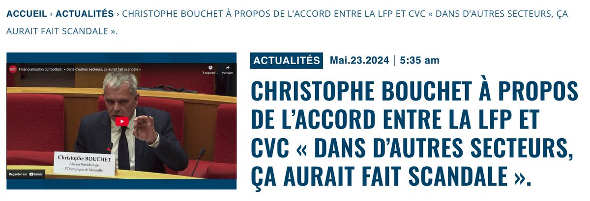 Christophe Bouchet à propos de l’accord entre la LFP et CVC « Dans d’autres secteurs, ça aurait fait scandale ». Auditionné par la commission d’enquête sénatoriale sur la financiarisation du football @ch_bouchet BOUCHET auteur de « Main basse sur l’argent du foot français » a