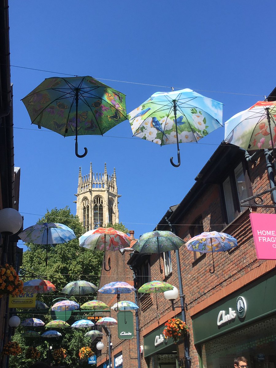For #AlphabetChallenge #WeekU a selection of #Umbrellas on our #MorningWalk and above Coppergate in York