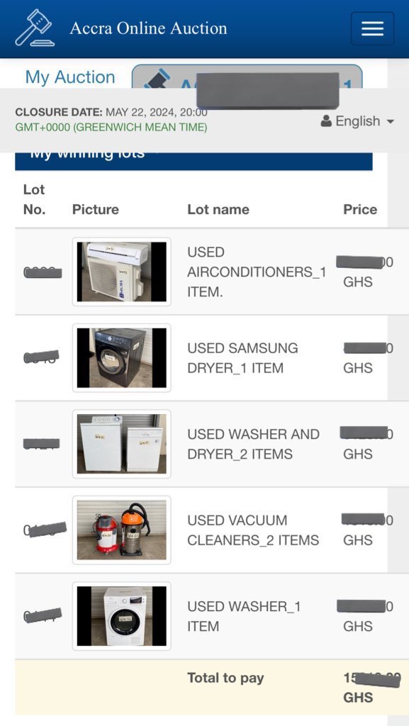 Auction items won on May 22, 2024 for the USA Embassy - Accra. Pick up is on Friday. DM if interested in some of the items. NB: It was auctioned “AS SEEN”, untested.