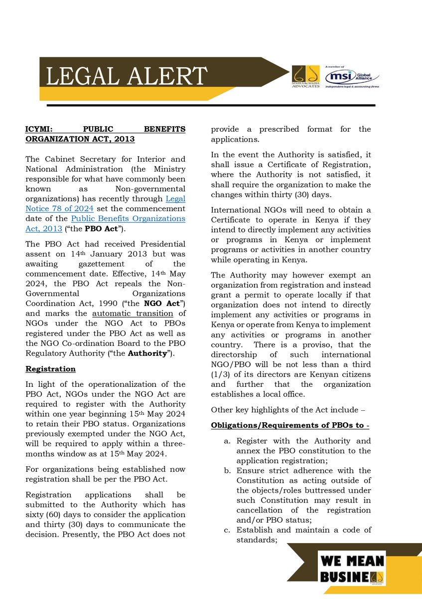 SimbaAdvocates's tweet image. #Letsdiscussit join our Monica Wairagu and Lauretta Oyile on this Legal Alert:ICYMI on the operationalization of the Public Benefit Organization Act, 2013.

#PBO #NGO #WeMeanBusiness