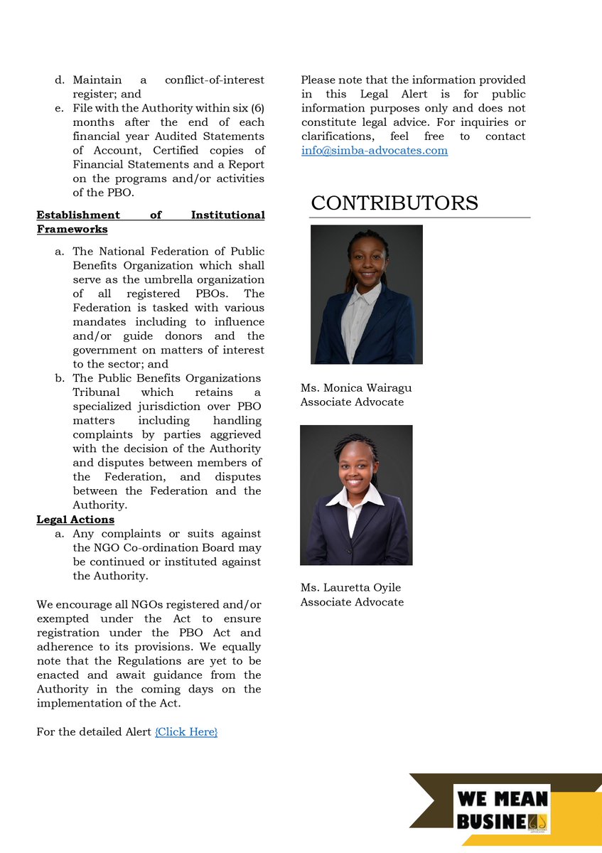 SimbaAdvocates's tweet image. #Letsdiscussit join our Monica Wairagu and Lauretta Oyile on this Legal Alert:ICYMI on the operationalization of the Public Benefit Organization Act, 2013.

#PBO #NGO #WeMeanBusiness