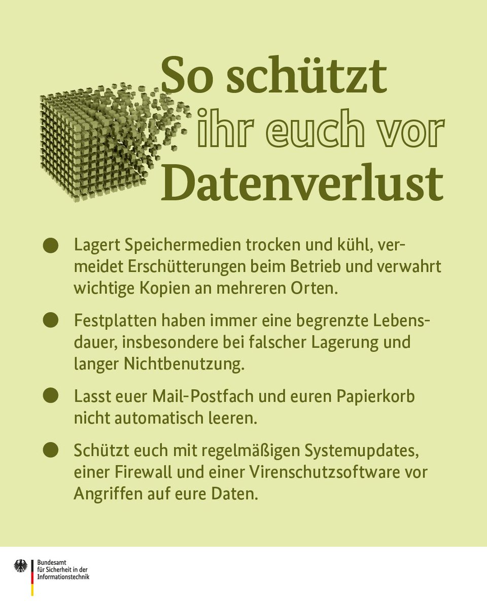 Sei es eine Bachelorarbeit, eine fast fertige Steuererklärung oder die digitalen Bilder vom Sommerurlaub 2007 – der Verlust von Daten ist ärgerlich. Habt ihr schon einmal eine Datei verloren? 💾 Mehr Infos zur Datenrettung: bsi.bund.de/dok/131216 #DeutschlandDigitalSicherBSI