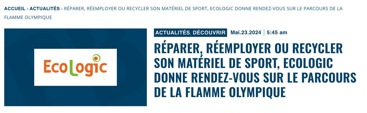 Réparer, Réemployer ou Recycler son matériel de sport, Ecologic donne rendez-vous sur le parcours de la flamme olympique Réparer, Réemployer ou Recycler son matériel de sport est la devise d' @Ecologic_France qui souhaite promouvoir l’économie circulaire et sensibiliser les