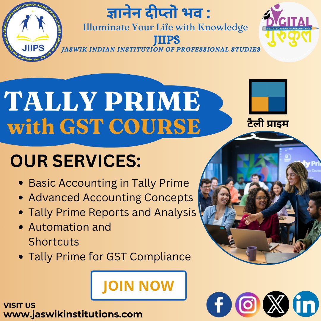 Master Tally Prime & GST for Seamless Accounting: Enroll Now for Expert Guidance & Certification! #jaswikindianinstitutionofprofessionalstudies #DigitalGurukul #TallyPrime #GST #AccountingCourse #ProfessionalTraining #Certification #LearnTally #GSTTraining #AccountingSkills