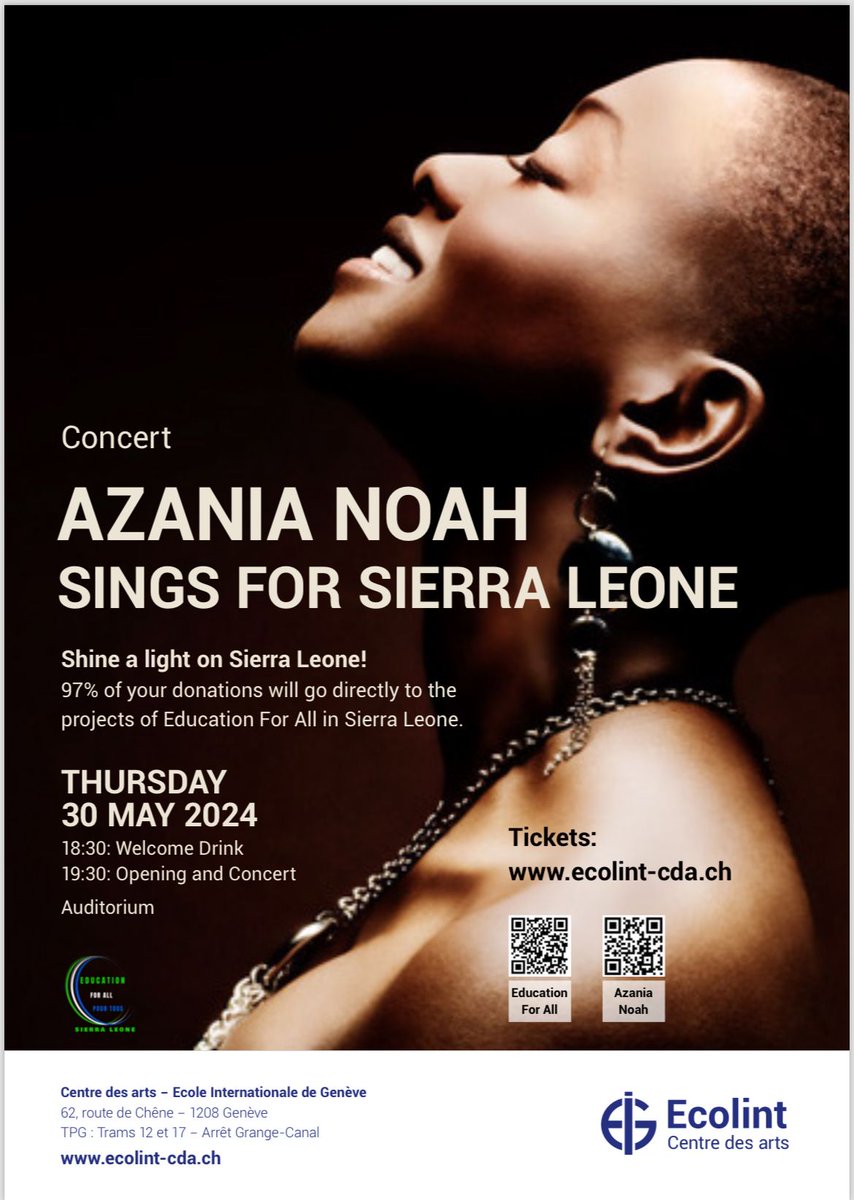 AzaniaNoah's tweet photo. Get your tickets today! - Azania Noah charity concert on THURSDAY, May 30 at 7:00pm (19h00) in Geneva. Come enjoy beautiful soulful music!

Tickets available here/ Billets dispos ici : https://t.co/UGcGJ7S6r7

Location: Centre des Arts, Ecolint - Route de Chêne 62, 1208 Genève. https://t.co/FobcdC8J4R