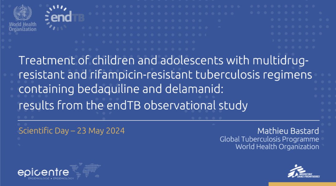 Today I will be presenting at the <a href="/Epicentre_MSF/">Epicentre_MSF</a> scientific day in #Paris about the effectiveness and safety of #bedaquiline and #delamanid containing regimen in children and adolescents with MDR/RR-TB in the <a href="/endTB/">endTB</a> observational study.