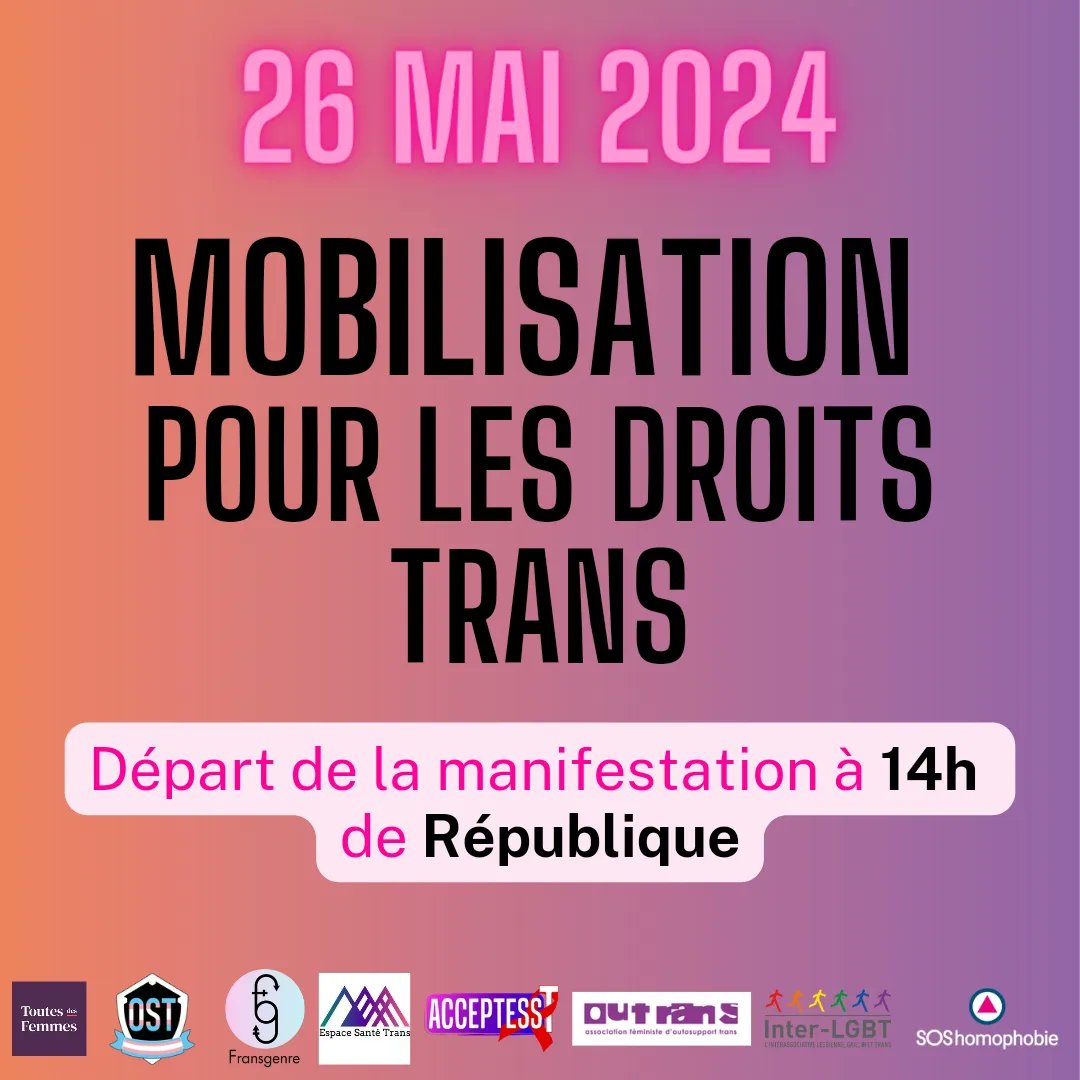 À Paris, la manifestation de dimanche partira à 14h de la place de la République, après quelques prises de paroles. Soyons nombreuxses pour repousser les lois transphobes et faire avancer nos droits !