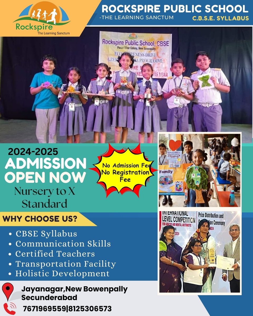 Rockspire Public School, following CBSE syllabus, now accepting admissions for 2024 at New Bowenpally. Secure your child's future today!#RockspirePublicSchool #CBSE #AdmissionsOpen #NewBowenpally #SecureFuture #EducationMatters #2024Admissions #SchoolLife