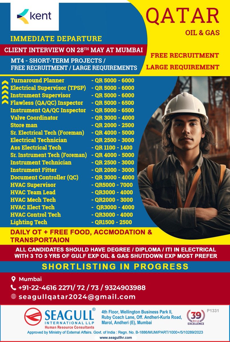 hrd1_seagull's tweet photo. 🇶🇦Qatar Jobs
✔Free Recruitment - MT4
‼️ Large Requirement - Short Term Project
✈Immediate Departure
💻 Client Interview On 28th May At Mumbai
📝Shortlisting In Progress
📍Location - Mumbai
.
.
.
#qatarjobs #seagull #turnaroundplanner #electricalsupervisor https://t.co/4b5b8BIHjF