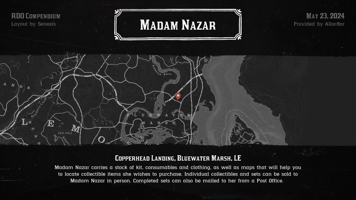 Today, May 23, 2024, Madam Nazar is at Copperhead Landing.

'Poor little Agnes, she is so sad. I keep her company, but I'm not who she wants.' - Madam Nazar

#RedDeadOnline #MadamNazar #NazarFinder