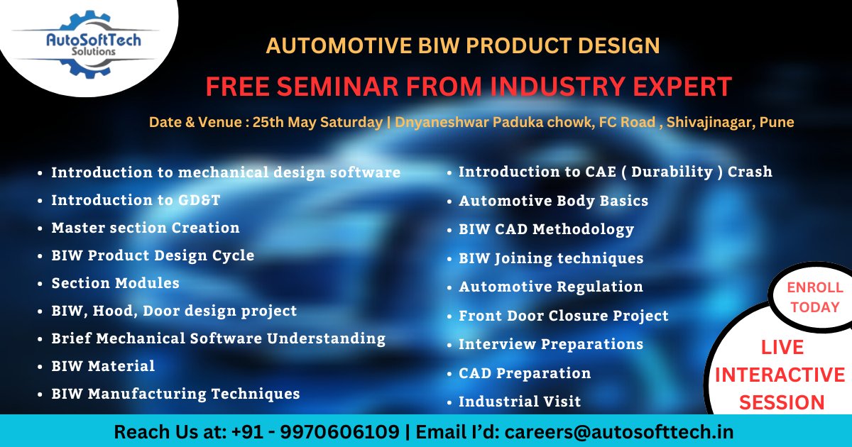 Autosofttech's tweet image. 🚀 Ready to Shift Your Career to Automotive BIW Product Design? 🚀

Join us for a FREE seminar led by industry experts on May 25th in Pune!

Don&apos;t miss this opportunity to enhance your skills and network with professionals.

🎓 Enroll today and take the next step in your career