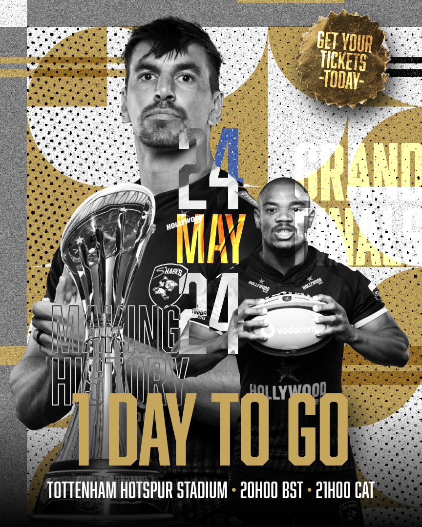 1 DAY TO GO!
<a href="/SharksRugby/">The Sharks</a> vs <a href="/gloucesterrugby/">Gloucester Rugby 🍒</a> in the <a href="/ChallengeCup_/">EPCR Challenge Cup</a> FINAL
It all kicks off at 21:00 tomorrow, Friday 24 May!
Drop your messages of support in the comments below!
#ChallengeCup #GLOvSHA #RoadToRedemption