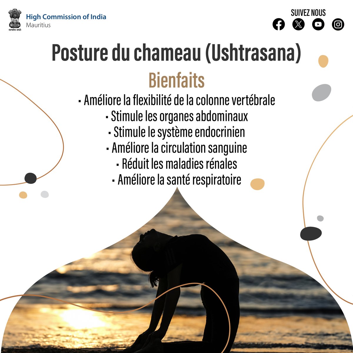 Découvrez la puissance de l'Ustrasana, la posture du chameau. Éveillez votre énergie intérieure et renforcez votre colonne vertébrale. #IDY2024 #IndiaMauritius 🇮🇳🇲🇺 @MEAIndia @IndianDiplomacy @iccr_hq @MoHFW_INDIA @moayush