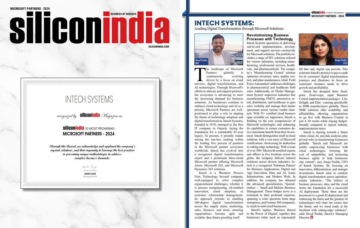 Intech recognized as one of the 10 most promising Microsoft partners in 2024 by @SINewsUpdates! 🎉

Discover what sets us apart in the full article: [Read here](lnkd.in/gx5Ep3pJ).

#MicrosoftPartners #IntechSystems  #SiliconIndia #Top10MicrosoftPartners2024 #Dynamics365