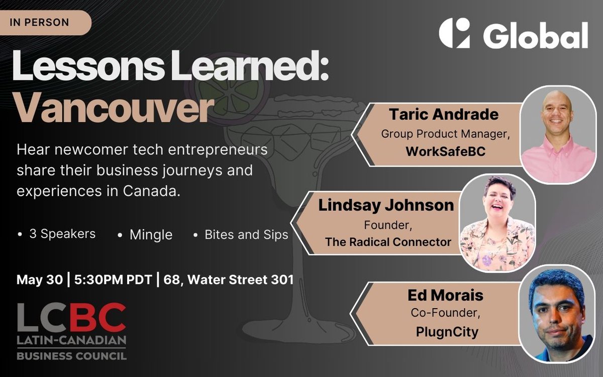 Hello, #vancouverbc! Get ready to join the fun!

We're bringing the #LessonsLearned event to your city next week!  

Did we mention the networking opportunities and free margaritas 😉?

🗓️ May 30
📍 LatinPlaza Hub 68 Water Street #301
🕠 5:30 PM

Sign up : lnkd.in/gZZ6uB4h