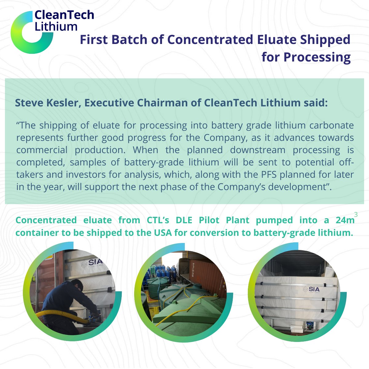 #CTL is pleased to announce that the initial batch of 24m3 of high quality concentrated eluate has now left the its #DLE pilot plant in #Chile and is in transit to a third-party processor, Conductive Energy, in the USA for conversion to battery-grade #lithium carbonate.

$CTLHF