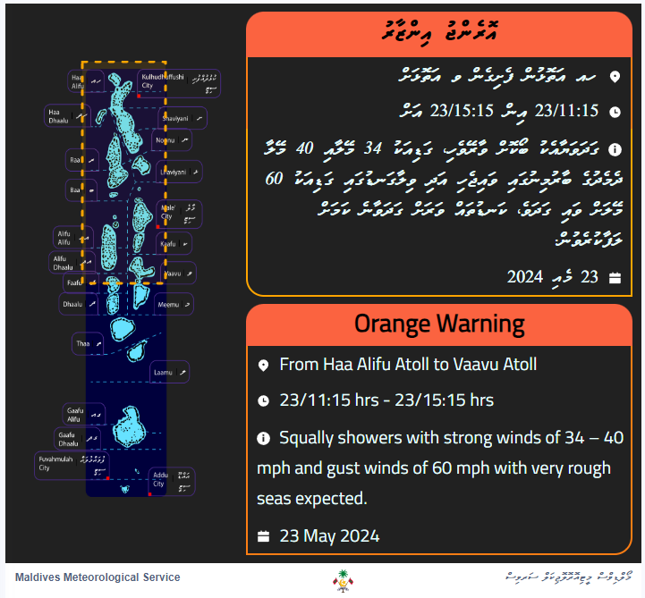Orange warning for squally showers with strong winds of 34 – 40 mph and gust winds of 60 mph with very rough seas.