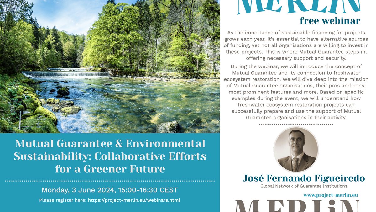 June is approaching, and so is our monthly webinar! Registration is now open: 👨: José Fernando Figueiredo, @AECMeurope 💬: Mutual Guarantee & Environmental Sustainability: Collaborative Efforts for a Greener Future 📅: June 3rd – 15.00 to 16:30 CEST 🖊️: project-merlin.eu/webinars.html
