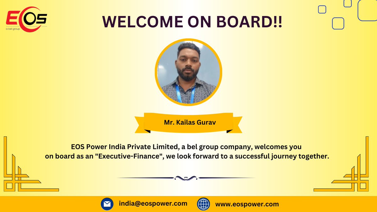 EOS_Power's tweet photo. EOS Power India Private Limited, a bel group company, welcomes you on board as an "Executive-Finance", we look forward to a successful journey together. #newhire #welcome #hiring #onboarding #welcometotheteam #eos https://t.co/seyYO9B0XC