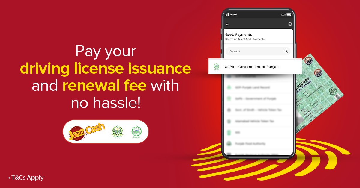 Hassle free payments! Get a new driving license or renew your old one and pay the fees via JazzCash for a smooth & seamless experience. Download the app now: bit.ly/3CS8cti