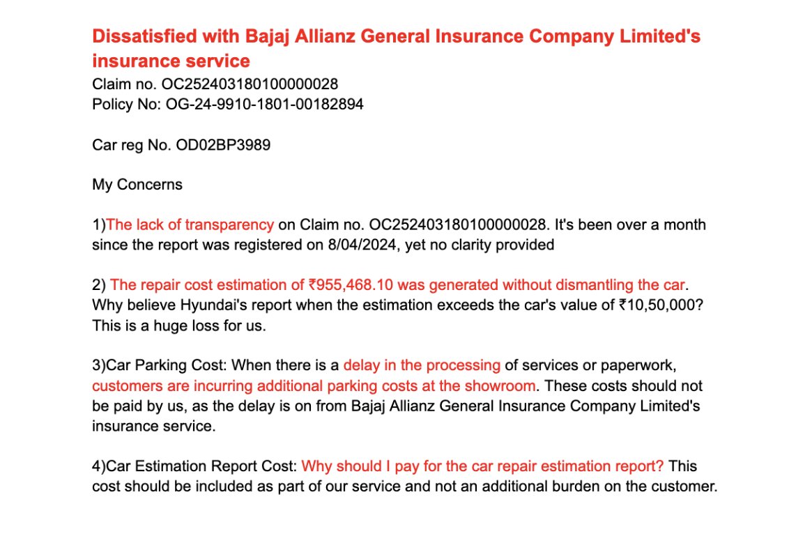 SUBINDASR's tweet photo. Extremely disappointed with @BajajAllianz for the lack of transparency on Claim no. OC252403180100000028. It's been over a month since the report was registered on 8/04/2024, yet no clarity provided.  FYI @tapansinghel please look into my attachments. 
#CustomerServiceFail https://t.co/2pdwUqnXtV