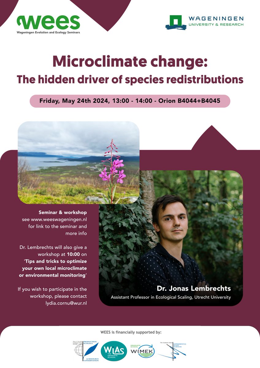 Jonas Lembrechts (@jlembrechts) on Twitter photo Tomorrow! A lecture on microclimate change, ánd a workshop on installing your own microclimate monitoring, by yours fatefully!
For everyone in the vicinity of Wageningen, the Netherlands <a href="/WUR/">Wageningen U&R</a>
More here --> weeswageningen.tumblr.com Tomorrow! A lecture on microclimate change, ánd a workshop on installing your own microclimate monitoring, by yours fatefully!
For everyone in the vicinity of Wageningen, the Netherlands <a href="/WUR/">Wageningen U&R</a>
More here --> weeswageningen.tumblr.com