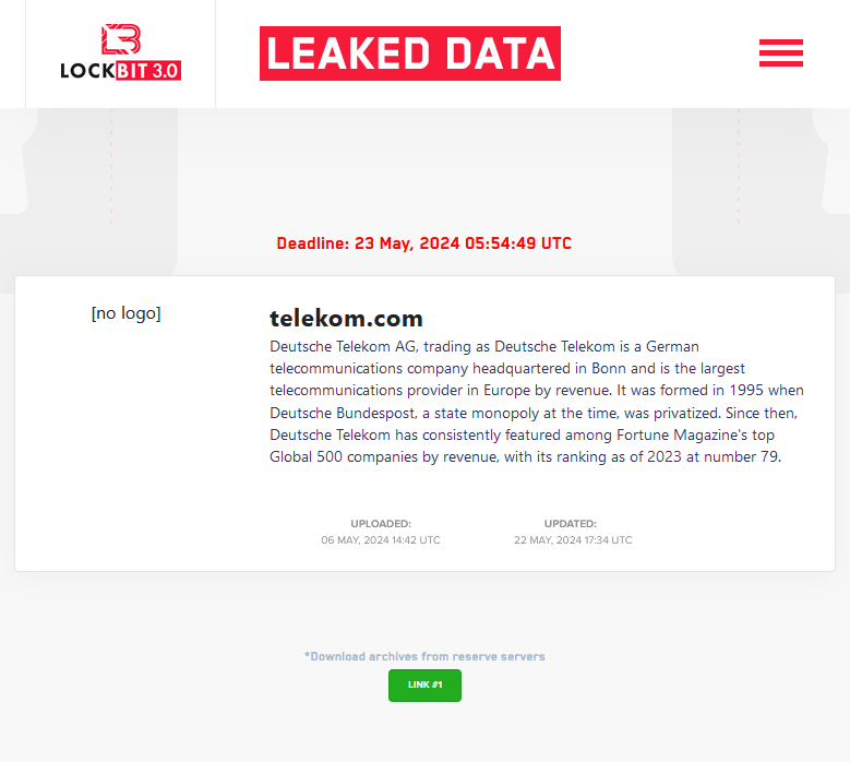 🚨 #DataLeak 🚨

A few minutes ago, the LockBit ransomware group leaked all the exfiltrated data from Telekom.

#Telekom #CyberAttack #LockBit #Ransomware