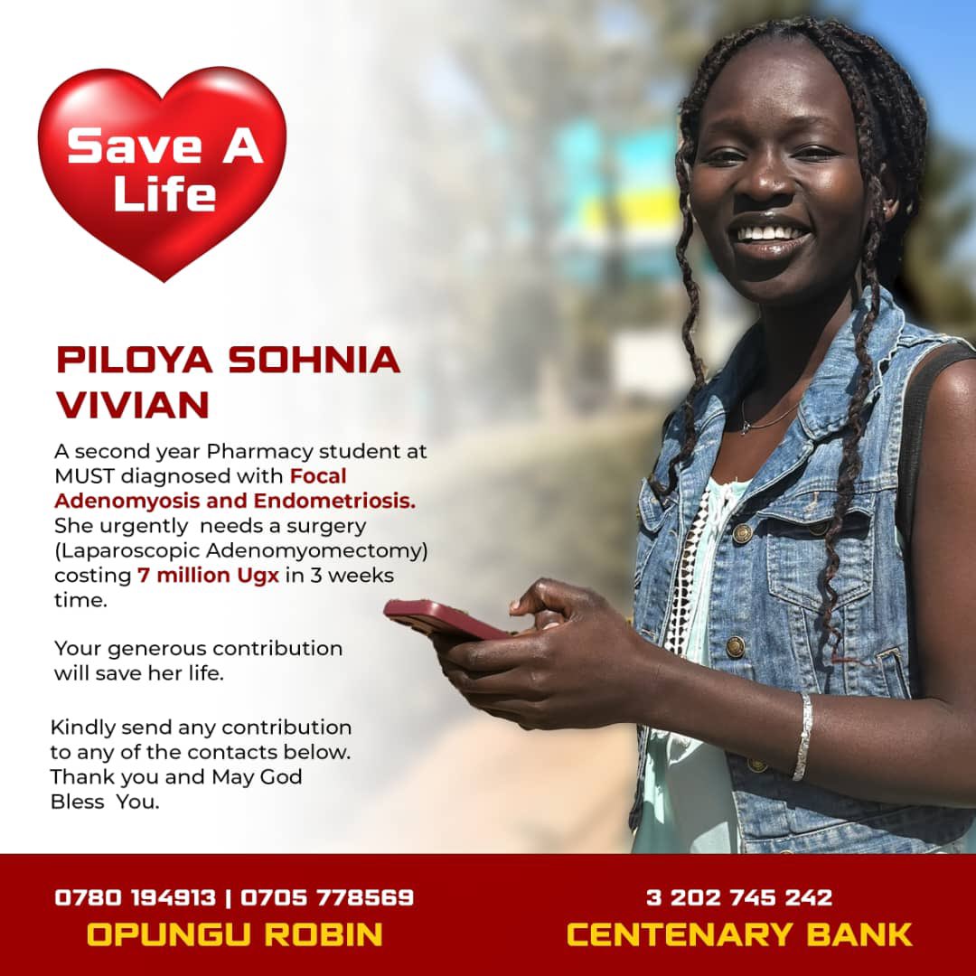 URGENT MEDICAL APPEAL!
Piloya Sohnia Vivian, a 2nd-year BPHARM student at MUST, needs our help! She's diagnosed with Focal Adenomyosis & Endometriosis and requires a life-saving surgery costing 7 million Ugx in just 3 weeks.
Ur generosity can save her life! #HelpPiloya #SaveALife