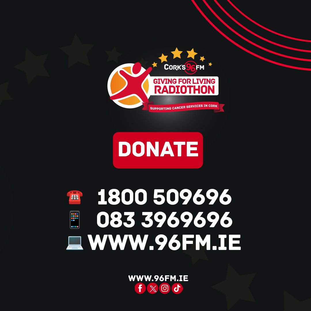 The Cork's 96FM's Giving for Living Radiothon is raising money for five Cork cancer charities: @mercyfoundcork, @CUHCharity, @marymountcork, @CorkARCcancer and @BreakthroCancer You can donate by:⁠ ☎️ 1800 50 96 96⁠ 📱 083 3969696⁠ 💻 96fm.ie