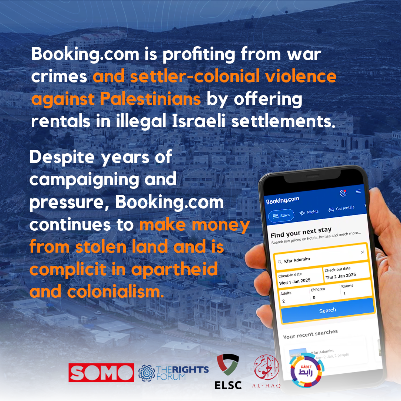 SOMO's tweet photo. 🚨We are taking #Booking2Court!🚨 We've launched a major legal action against Dutch tourism giant @bookingcom for laundering profits from Israel’s war crimes in Palestine! 

Learn more ➡️ https://t.co/IYX5XOcsys and share!

@alhaq_org @elsclegal @SOMO @TheRightsForum @rabetbypipd