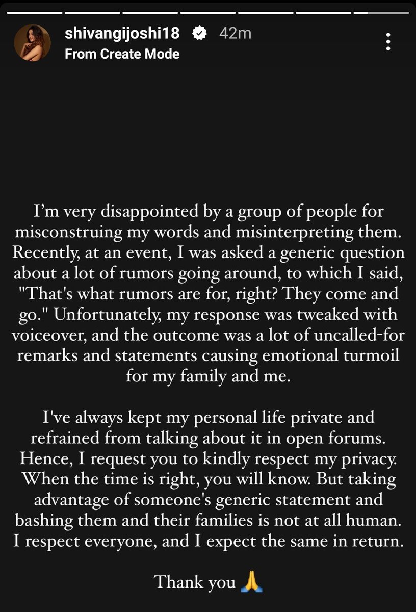ShivizM's tweet photo. Can't even imagine how much sufferings she went through that she had to clarify...
Stay strong shivi... Ur true fans are always with u...
#shivanhijoshi #barsatein #yrkkh #bv2 #naira #aradhana #anandi #poonam #kushiv
@shivangijoshi18 https://t.co/rNrwszOZUf