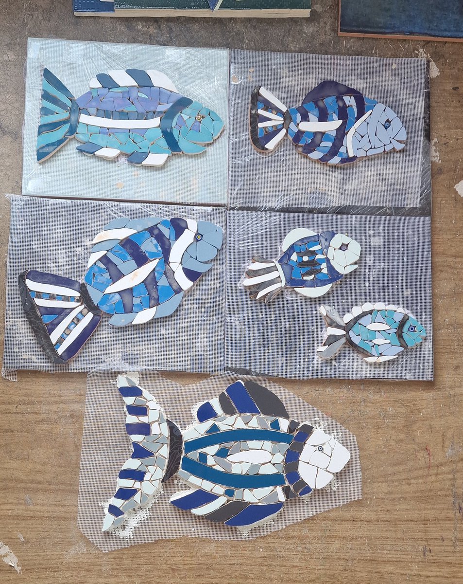 Commissioned fish mosaic coming along nicely now. 
Which fishy is your favourite?
#monchicmosaics #earlybiz #CraftBizParty #sbs #mosaic #wip #madeincornwall #mosaicartist #fishmosaic #tileart