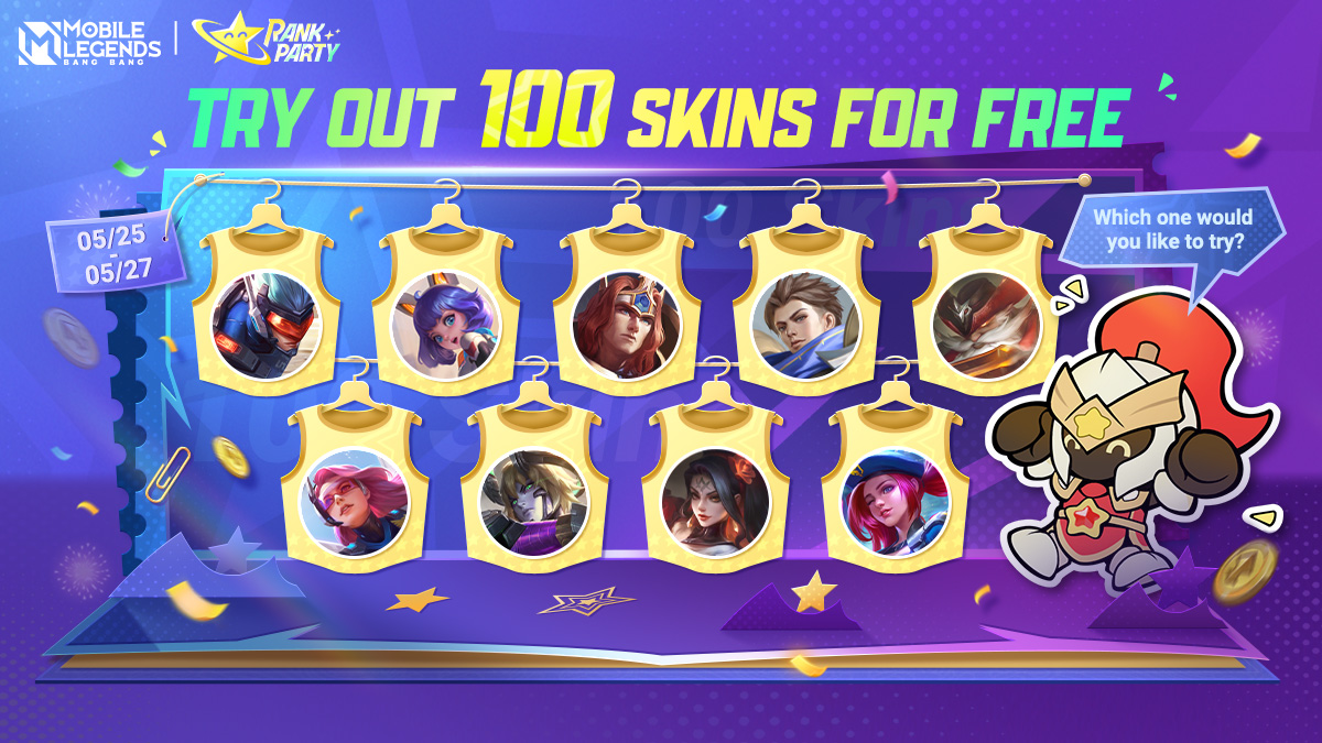 From 05/25 to 05/27, 100 Skins Free Trial will be live. You can try out 25 popular Epic, V.E.N.O.M., and S.A.B.E.R. skins, making your battles more vibrant and diverse! #MobileLegendsBangBang #MLBBRankParty