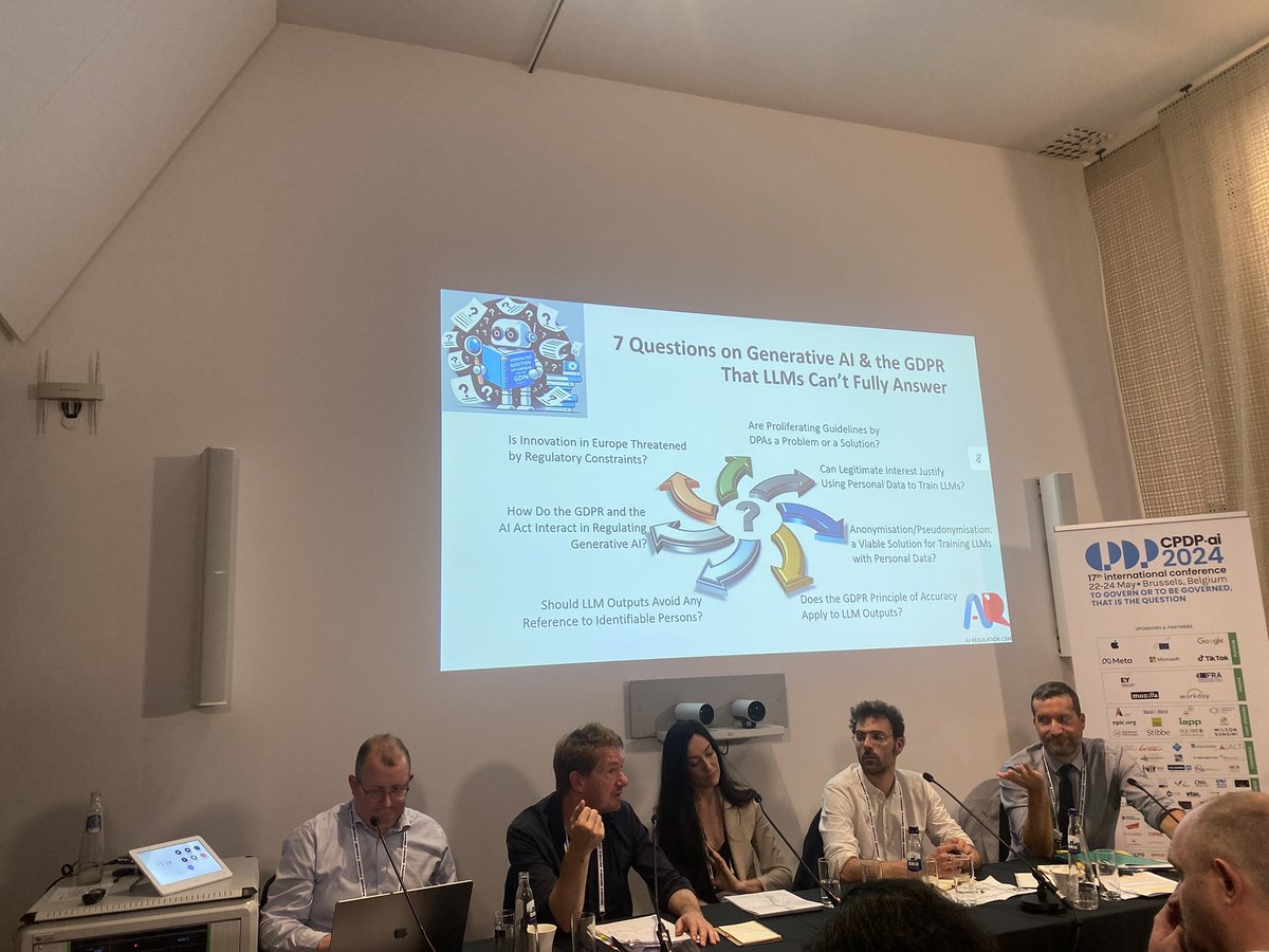 TC_IntLaw's tweet image. Sorry ChatGPT &amp;amp; co ❤️‍🩹! Humans did MUCH better than LLMs in responding to 7 tough questions on Generative AI &amp;amp; the GDPR!

FANTASTIC panel, packed room @CPDPconferences #CPDPai2024 #CPDP2024! 🎉

See the 7 questions in the slide &amp;amp; watch this amazing discussion soon @YouTube 📺🚀