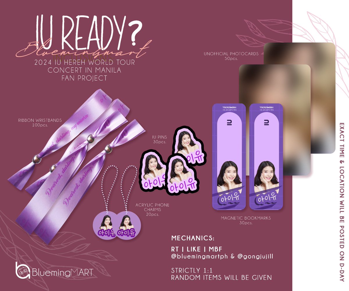2024 IU HEREH WORLD TOUR CONCERT IN MANILA — BULACAN

✨Fan Support by:
@bluemingmartph ✨

🌸RT, like &amp; follow
🌸Open for trades &amp; donations
🌸Show proof on d-day

🌸Time &amp; Loc: TBA

#아이유 #IU
#HEREH #HEREH_WORLD_TOUR_IN_MANILA #IUinMANILA
 #BluemingMartGAs