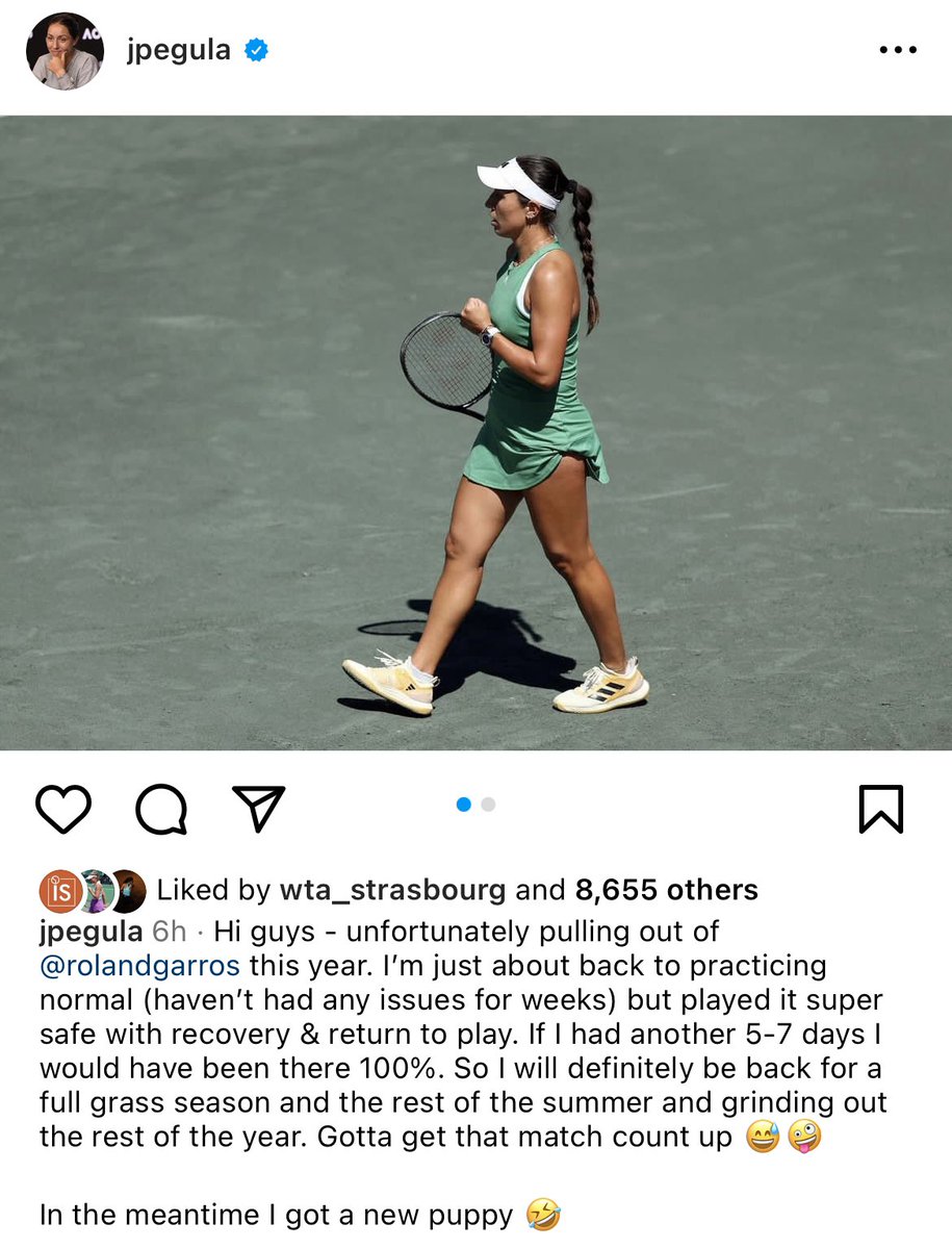 Pegula withdraws from Roland Garros, saying she’s playing it super safe and needs a few extra days.

Jabeur is now the 8th seed,
Alexandrova the 16th seed,
Siniakova is the last seed.