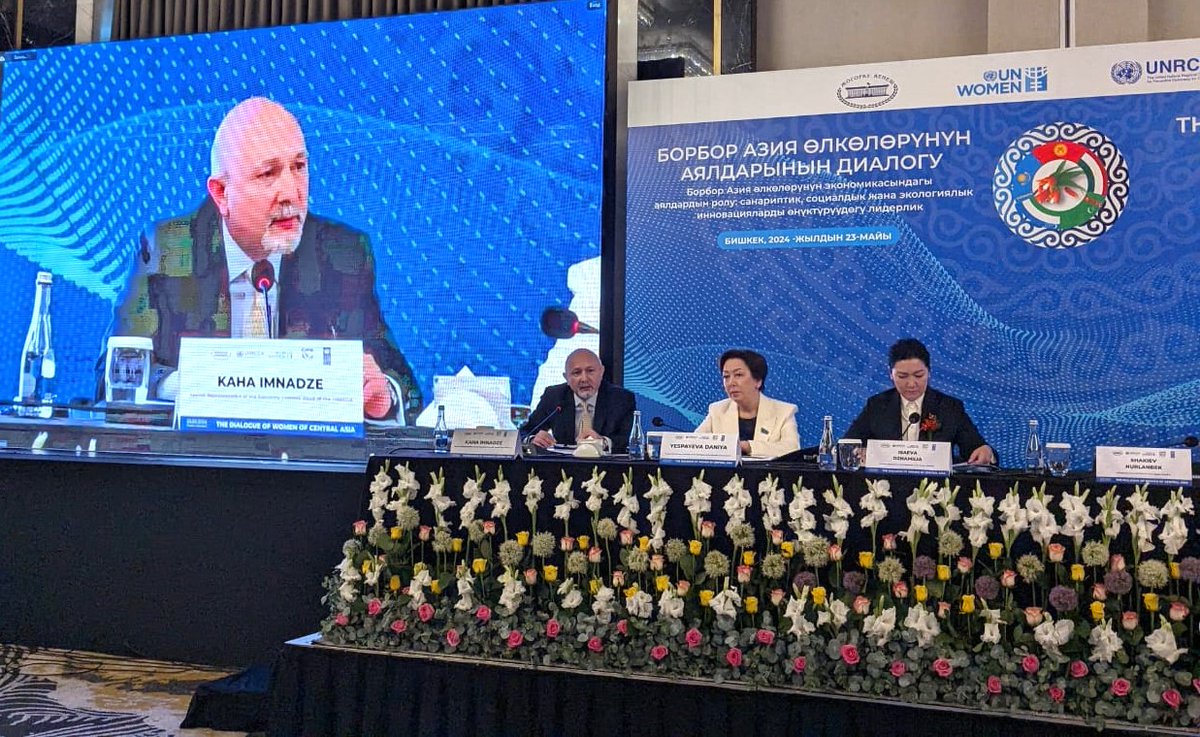 23 May: Speaking at the #CentralAsia #WomenLeadersCaucus #RegionalForum in #Bishkek, #SRSG @kahaimnadze emphasized #CAWLC's significance as a valuable example of solidarity, cooperation & the political will of 🇰🇿🇰🇬🇺🇿🇹🇲🇹🇯 to implement policies aimed at achieving #genderequality.