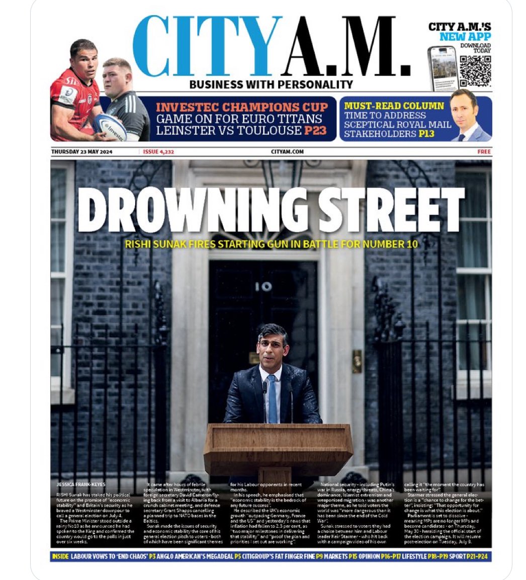 “Drown & out” in the @DailyMirror. “Things can only get wetter” in the @Telegraph, or “Drowning Street” in @CityAM. Which is your favourite raining pun in today’s UK papers? #GeneralElection #GE