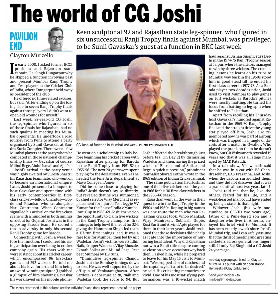 My piece on Chandu Joshi - Prof, sculptor and in Sunil Gavaskar’s words, a feisty leg-spinner in today’s @mid_day