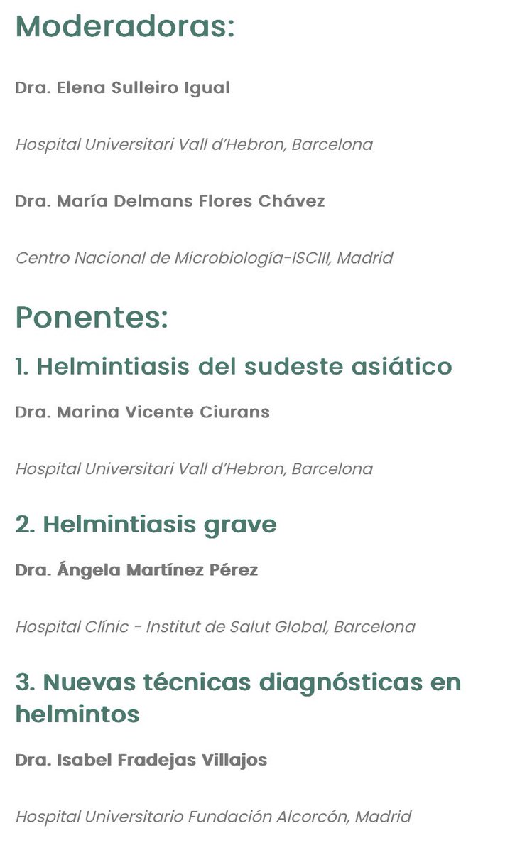 Avui la Marina Vicente (R3) participa a un webinar organitzat per la @SEIMC_ i la @GepiSeimc sobre les novetats en patologia lligada a viatges internacionals, i ens parlarà sobre les helmintiasis del sud-est asiàtic. No us ho podeu perdre!