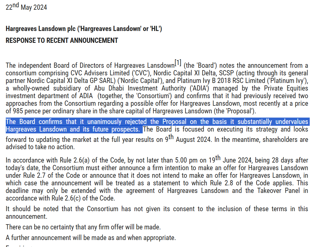 Hargreaves Lansdown #HL. Turn Down Offer Flat

'The Board confirms that it unanimously rejected the Proposal on the basis it substantially undervalues Hargreaves Lansdown and its future prospects.'

voxmarkets.co.uk/rns/announceme…